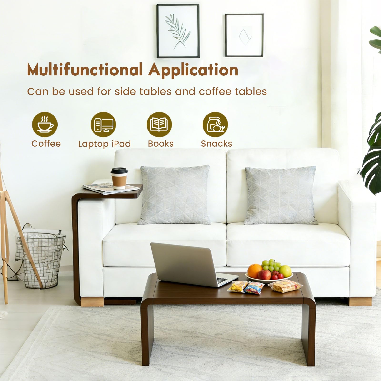 C-Shaped End Table Walnut Wood Sofa Side Table