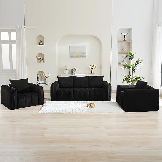 Modern Corduroy Living Room Set - Loveseat with 2 Single Chairs