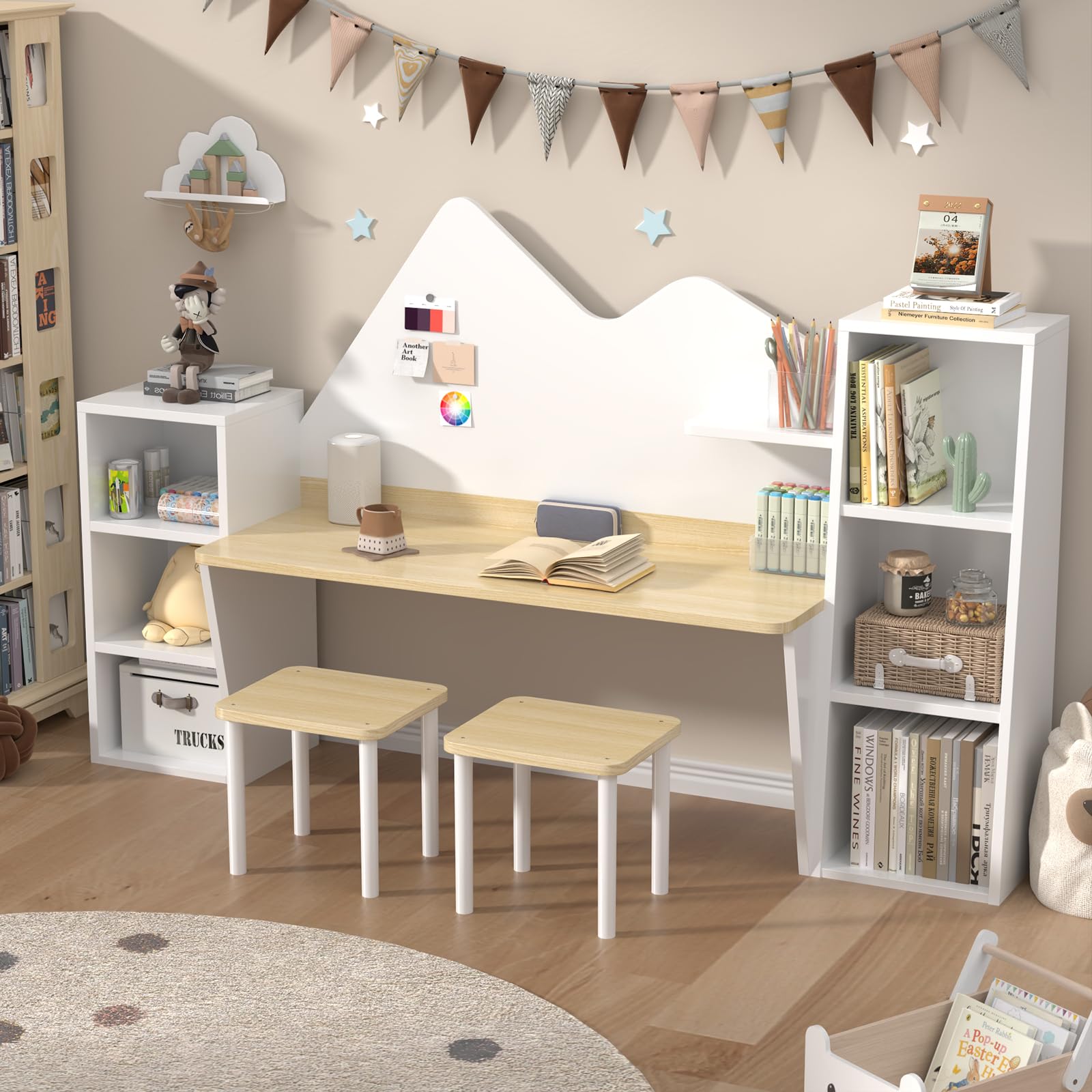 NKUGCFC Wooden Kids Study Desk with Bookshelves and 2 Stools,Kids Desk and Chair Set with 6 Storage Cabinets for Ages 3-8,Boys & Girls Study Desks for Bedroom and Kidsroom