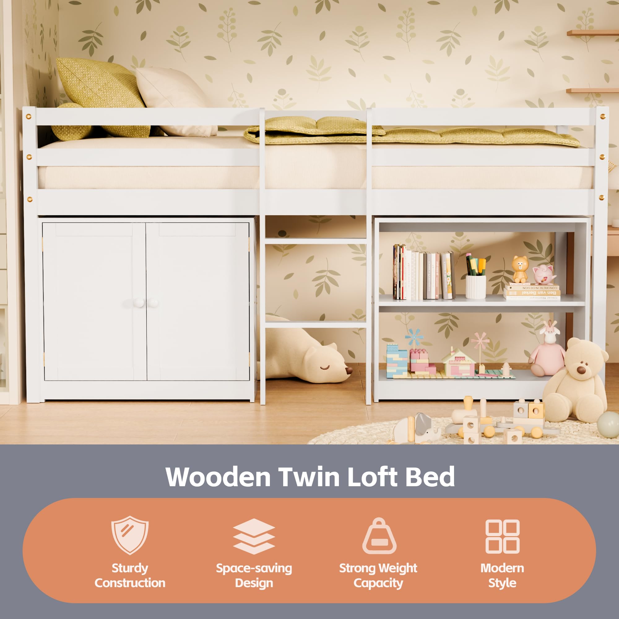 Twin Loft Bed with Lights and Storage Bookcase