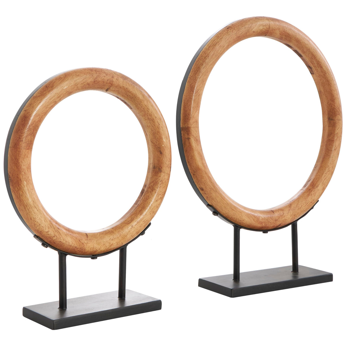 Wood Geometric Circular Ring Decorative Sculpture Set of 2