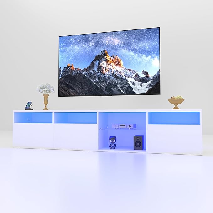 LED TV Stand with Asymmetrical Design and Tempered Glass Shelves