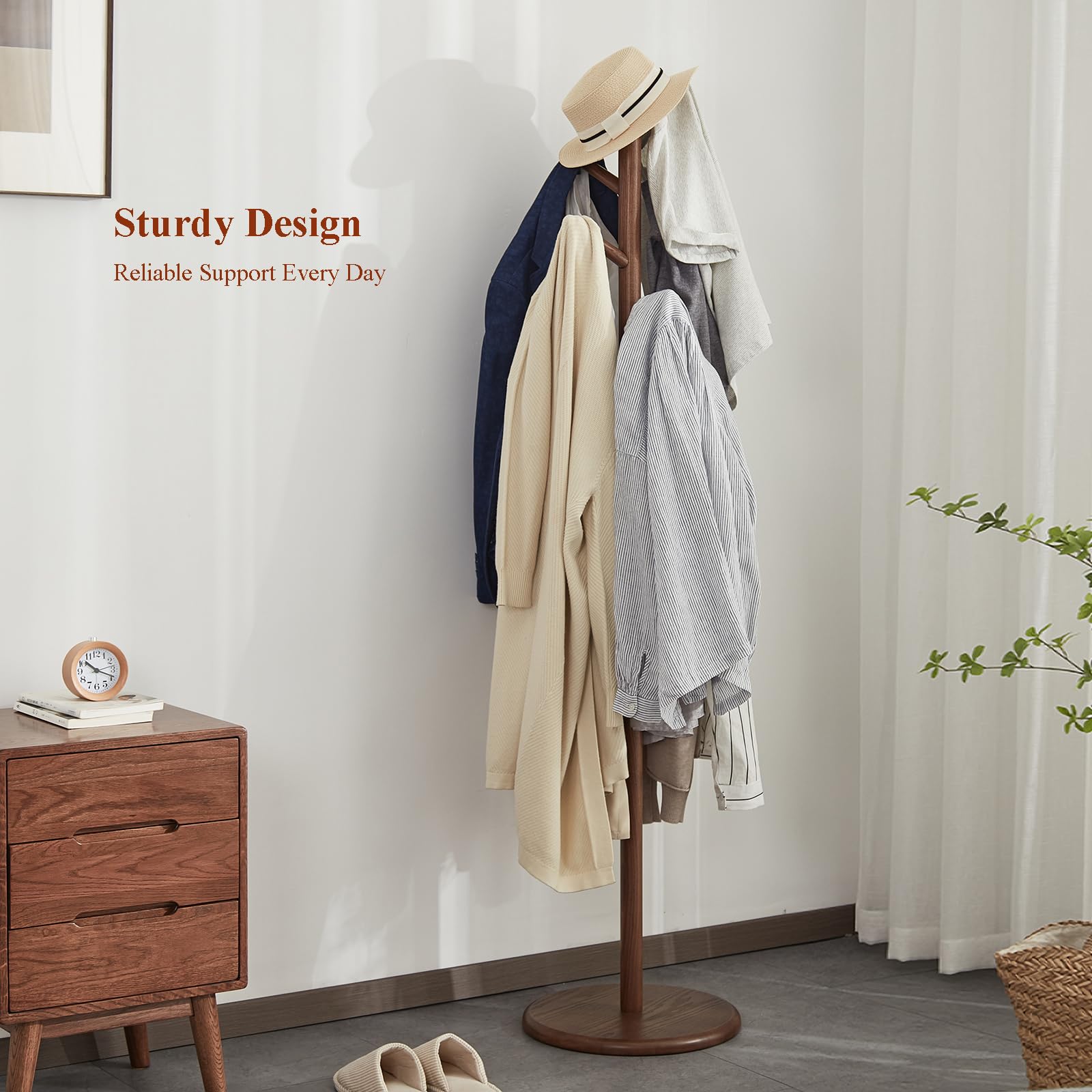 Solid Wood Coat Rack Freestanding with 6 Hooks