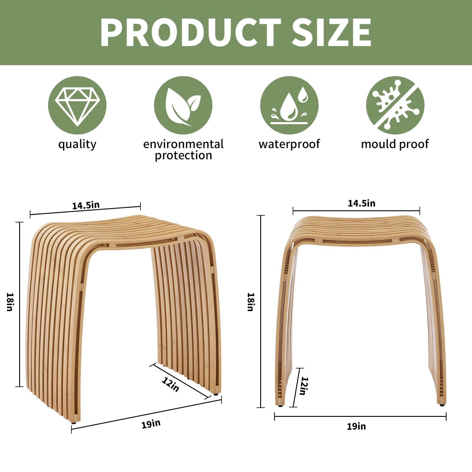 Bamboo Shower Bench Non-Slip Waterproof Bathroom Stool