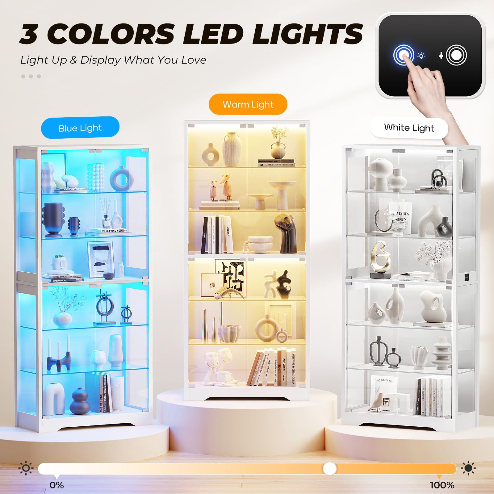 6-Tier 71" Display Cabinet with Glass Door and LED Lights