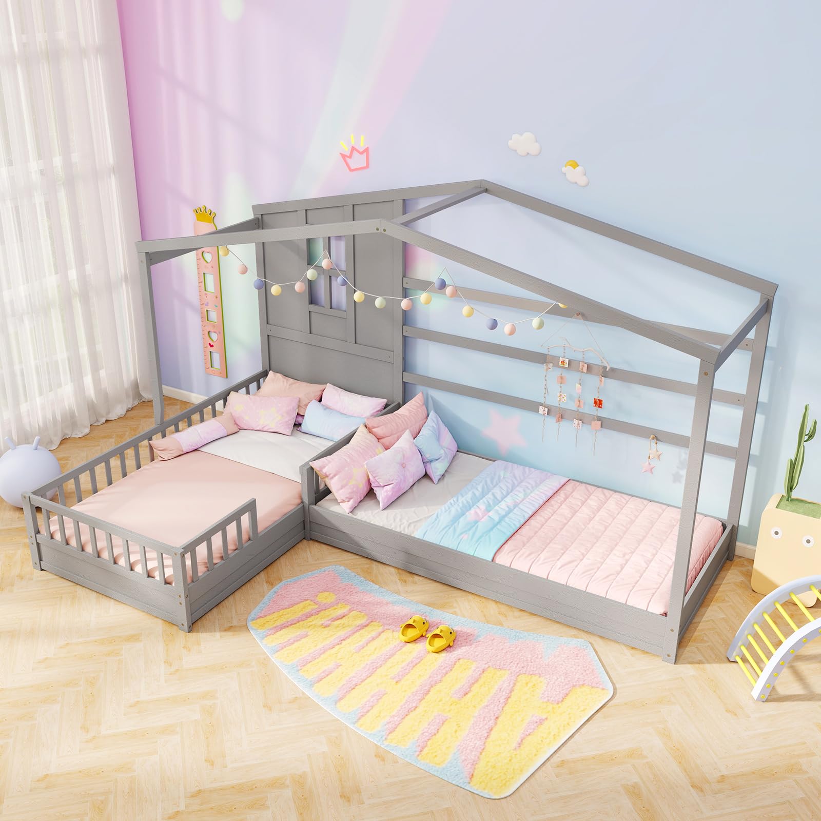 Double Twin L-Shaped House Bed with Window and Fences