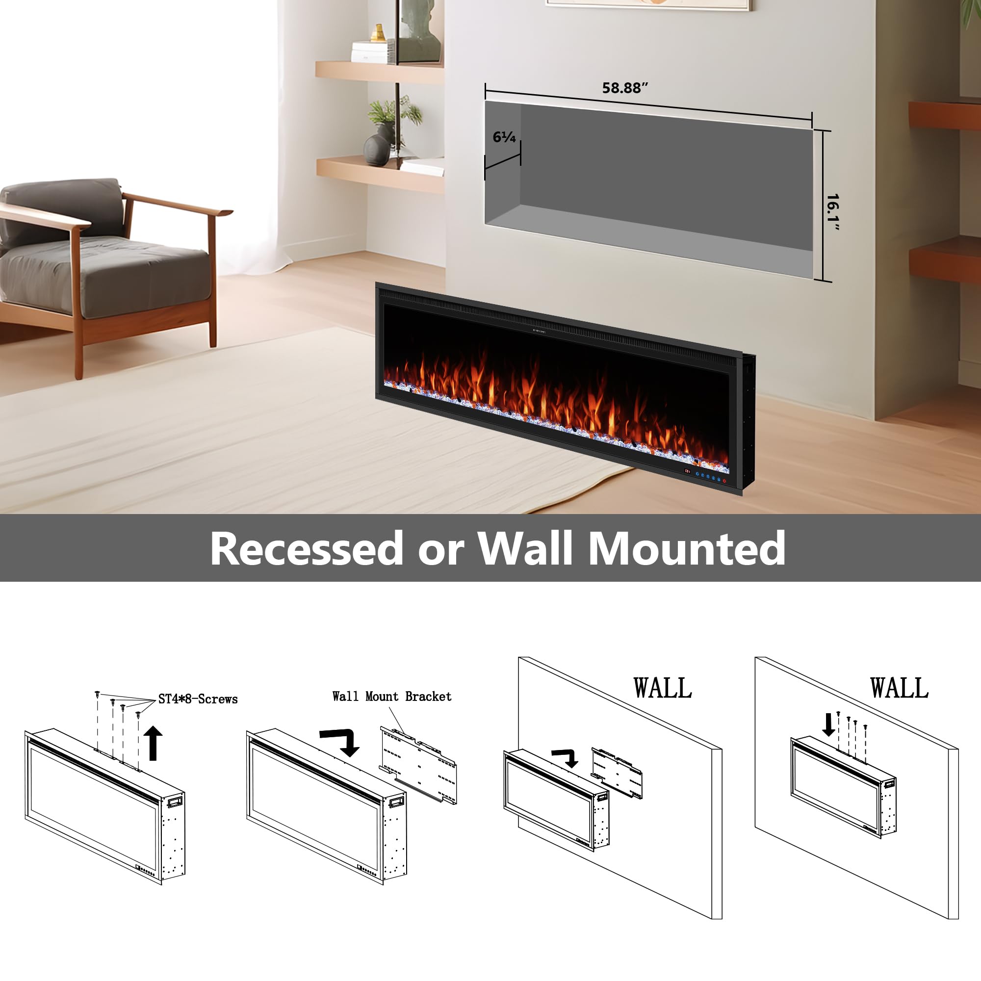 60" WiFi-Enabled Electric Fireplace Insert with App Control