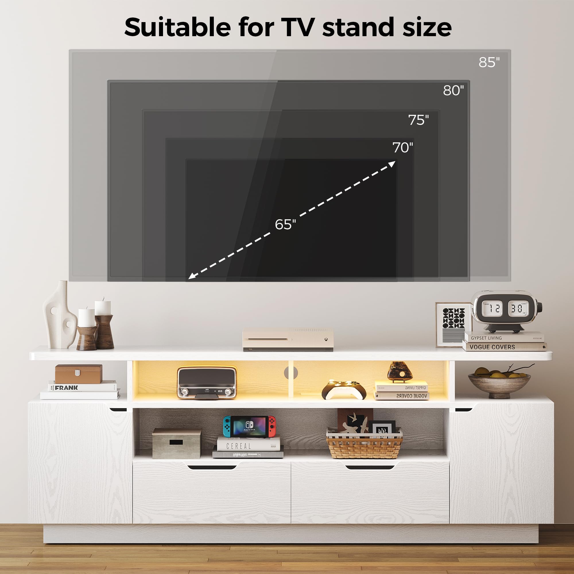 TV Stand for 85 Inch TVs with Power Outlet and LED Lights
