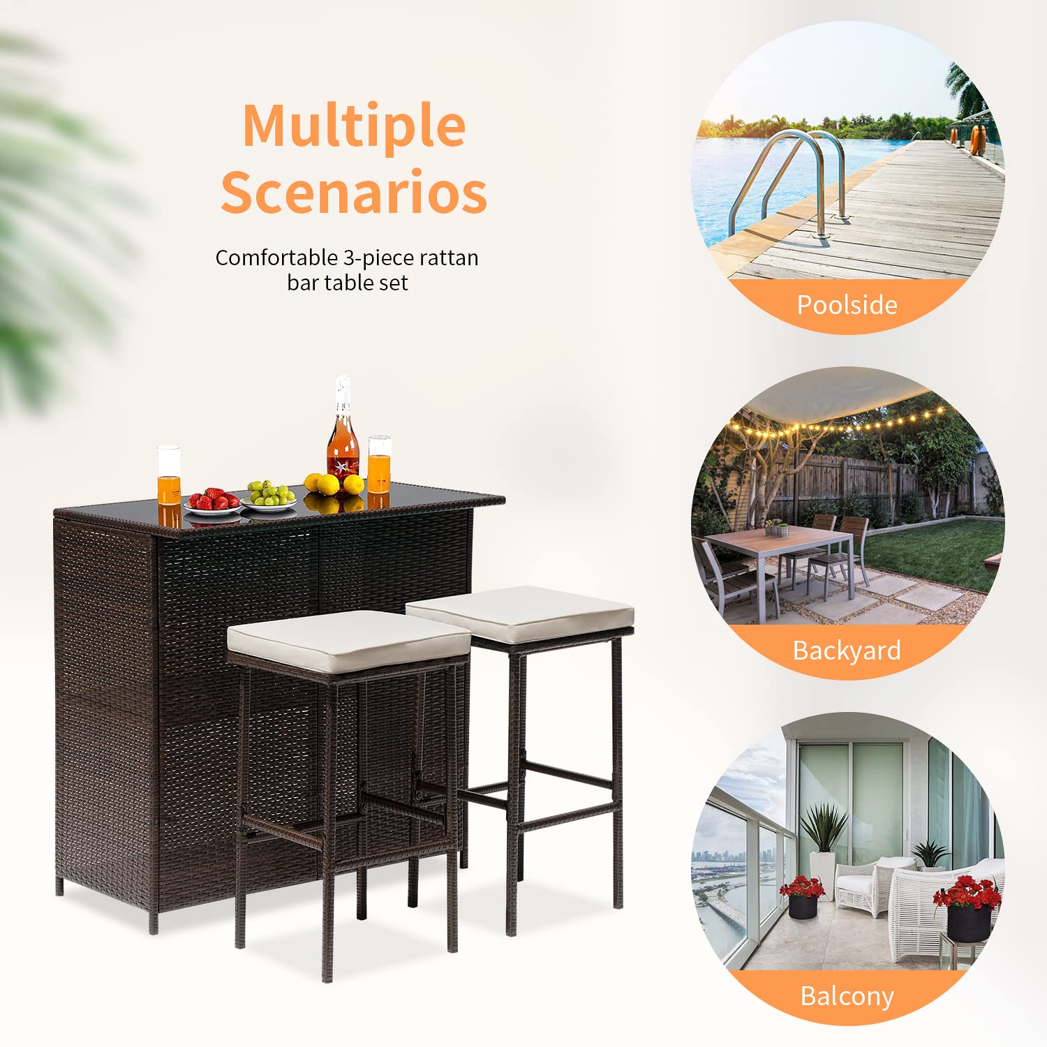 3-Piece Wicker Patio Bar Set with Glass Top Table