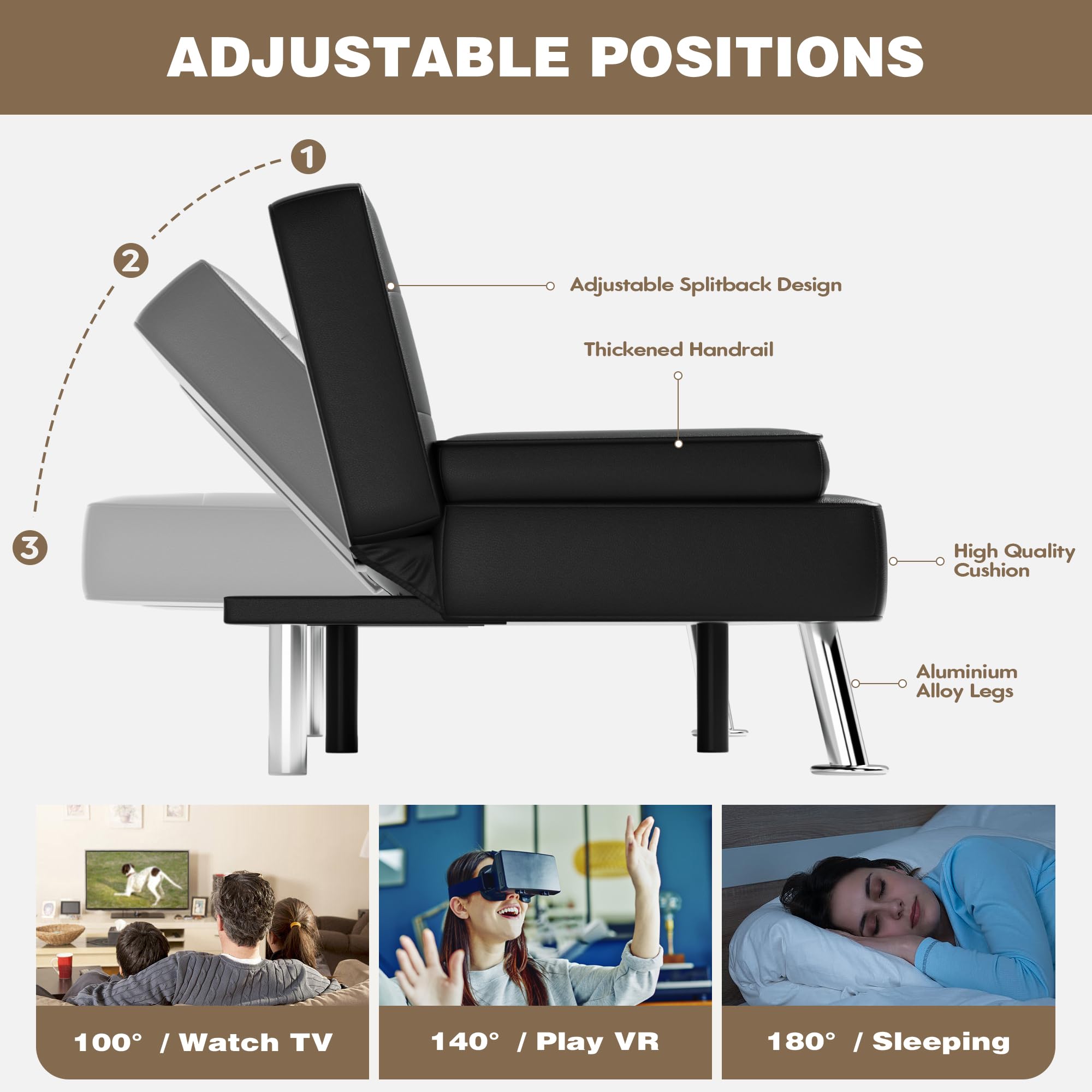 Adjustable Futon Sofa Bed with Cup Holders