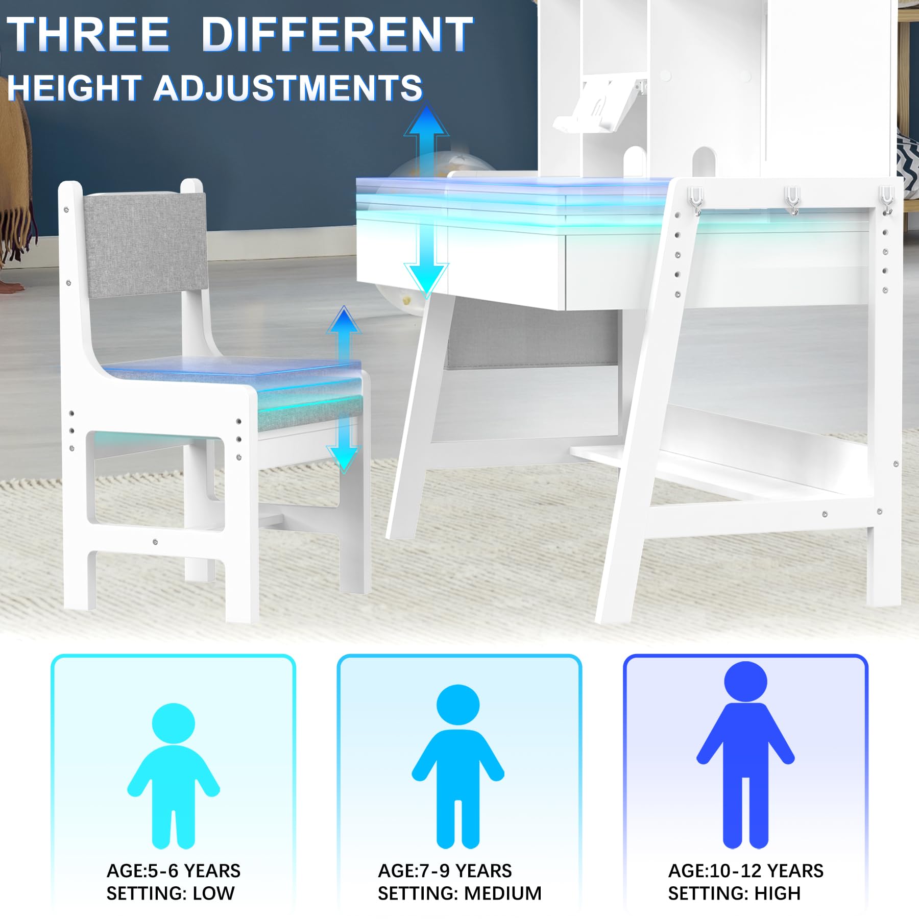 Kids Study Desk and Chair Set - Adjustable Height with Storage