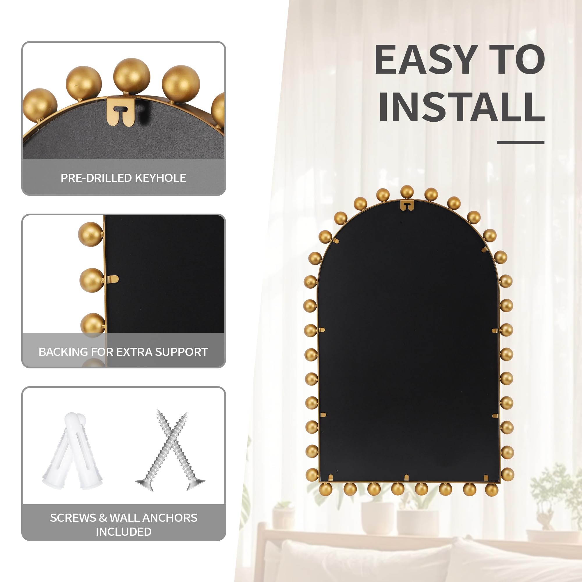 Arched Wall Mirror 24x36 Inch Antique Gold Ball Frame