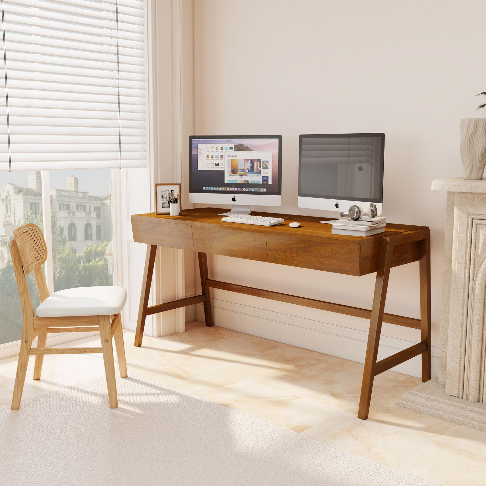 Solid Wood Writing Desk with Drawers