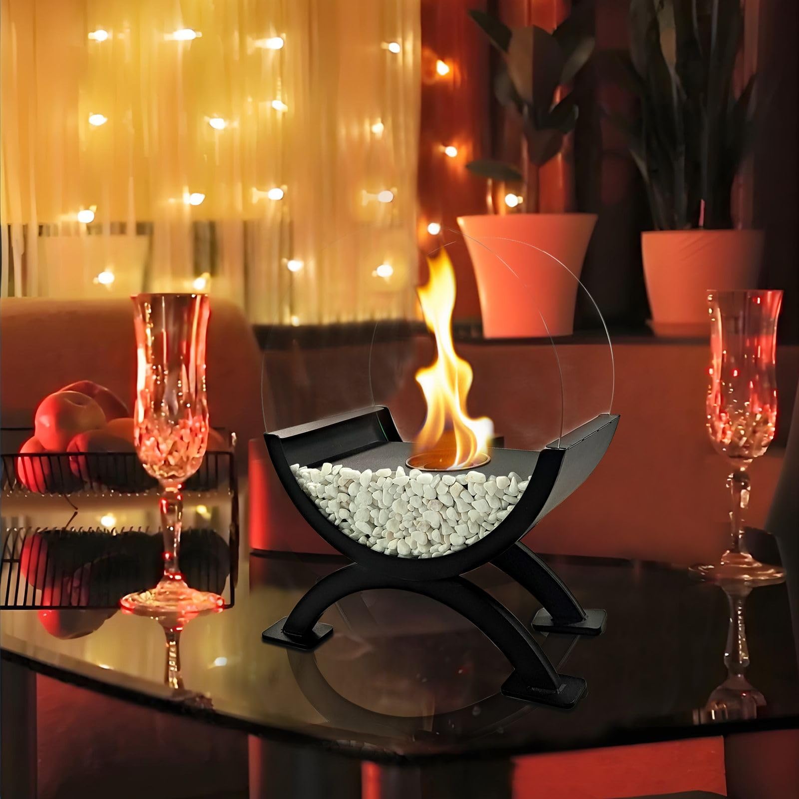 Round Glass Tabletop Fireplace with Tempered Glass