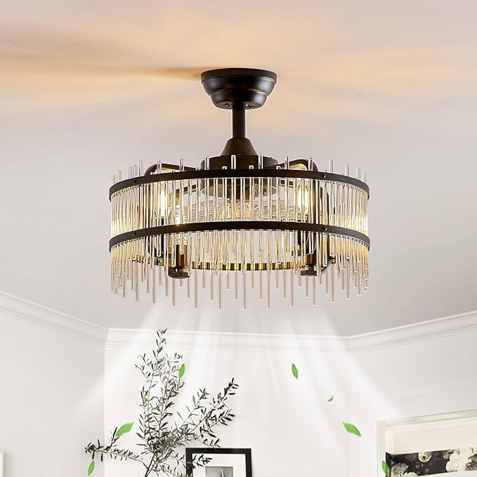 19.7 Inch Black Caged Crystal Ceiling Fan with Light