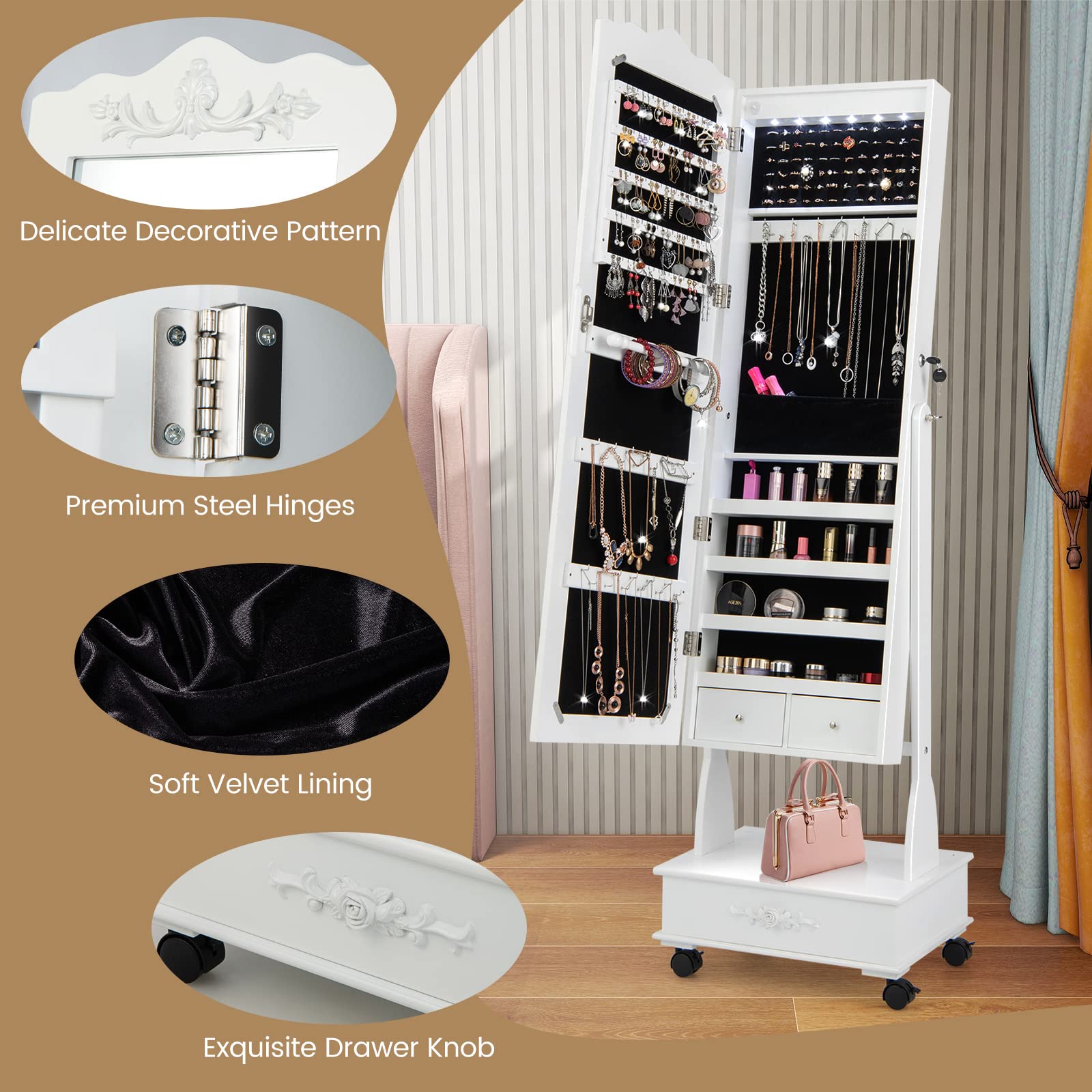 Rolling Jewelry Armoire with Full Length Mirror