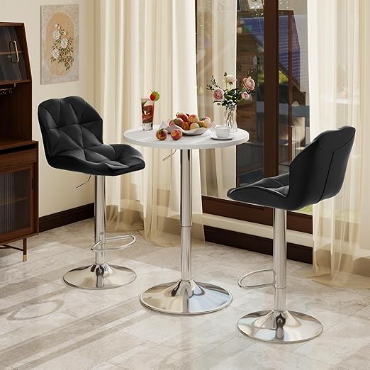 3-Piece Bar Table and Chairs Set - Height Adjustable Round Pub Table with Swivel Barstools