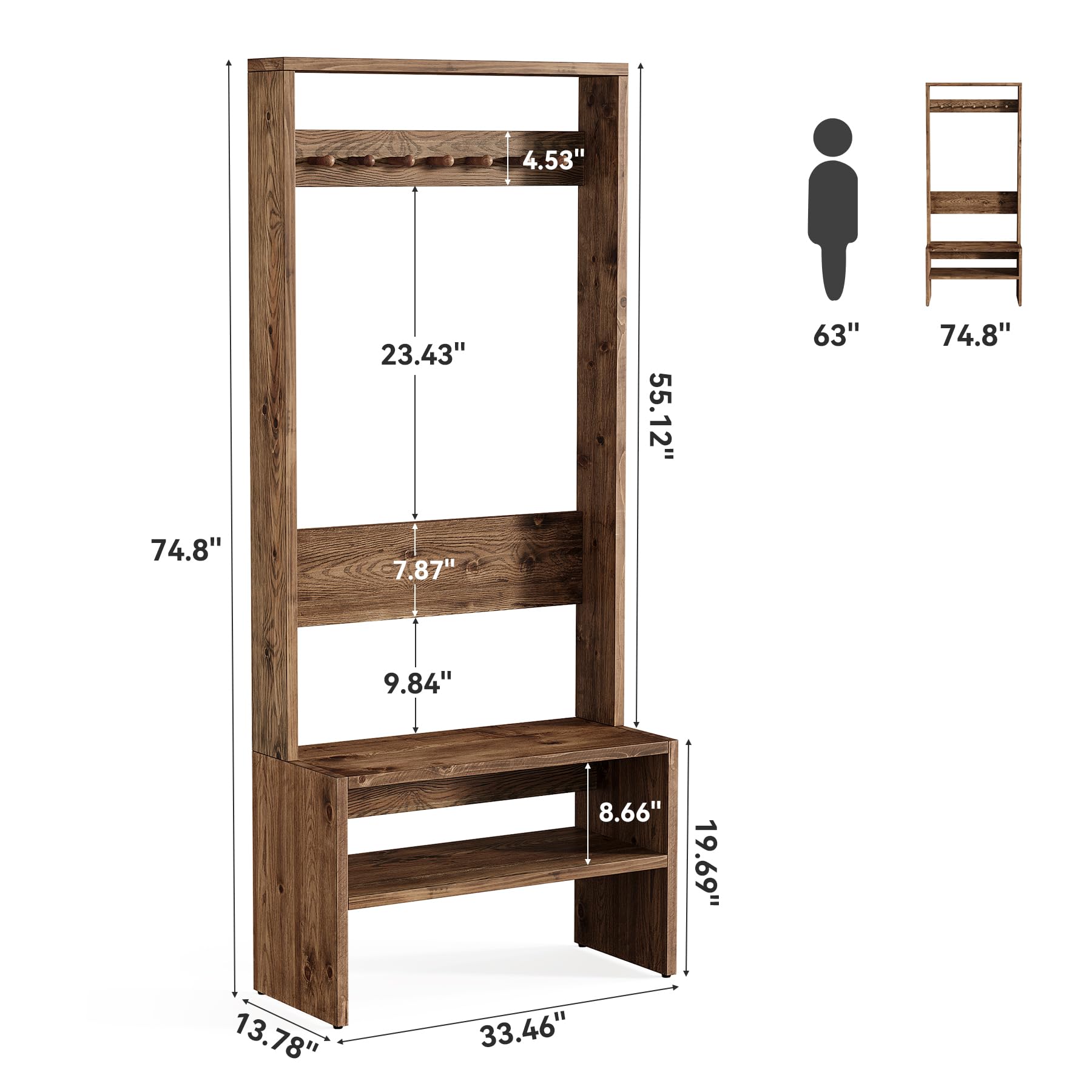 Hall Tree with Bench and Shoe Storage 70.8" Tall