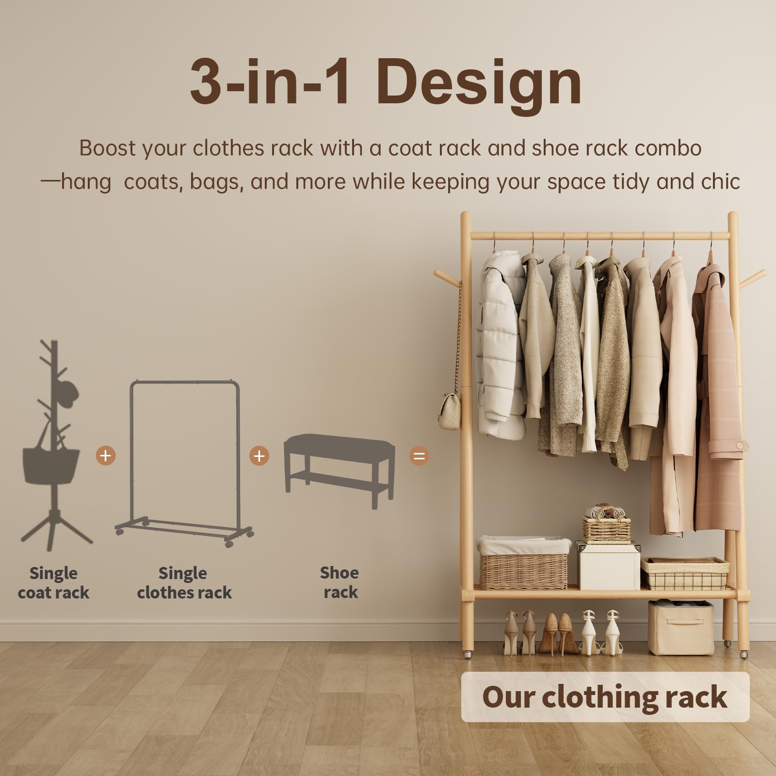 Solid Wood Rolling Clothing Rack with Shelves