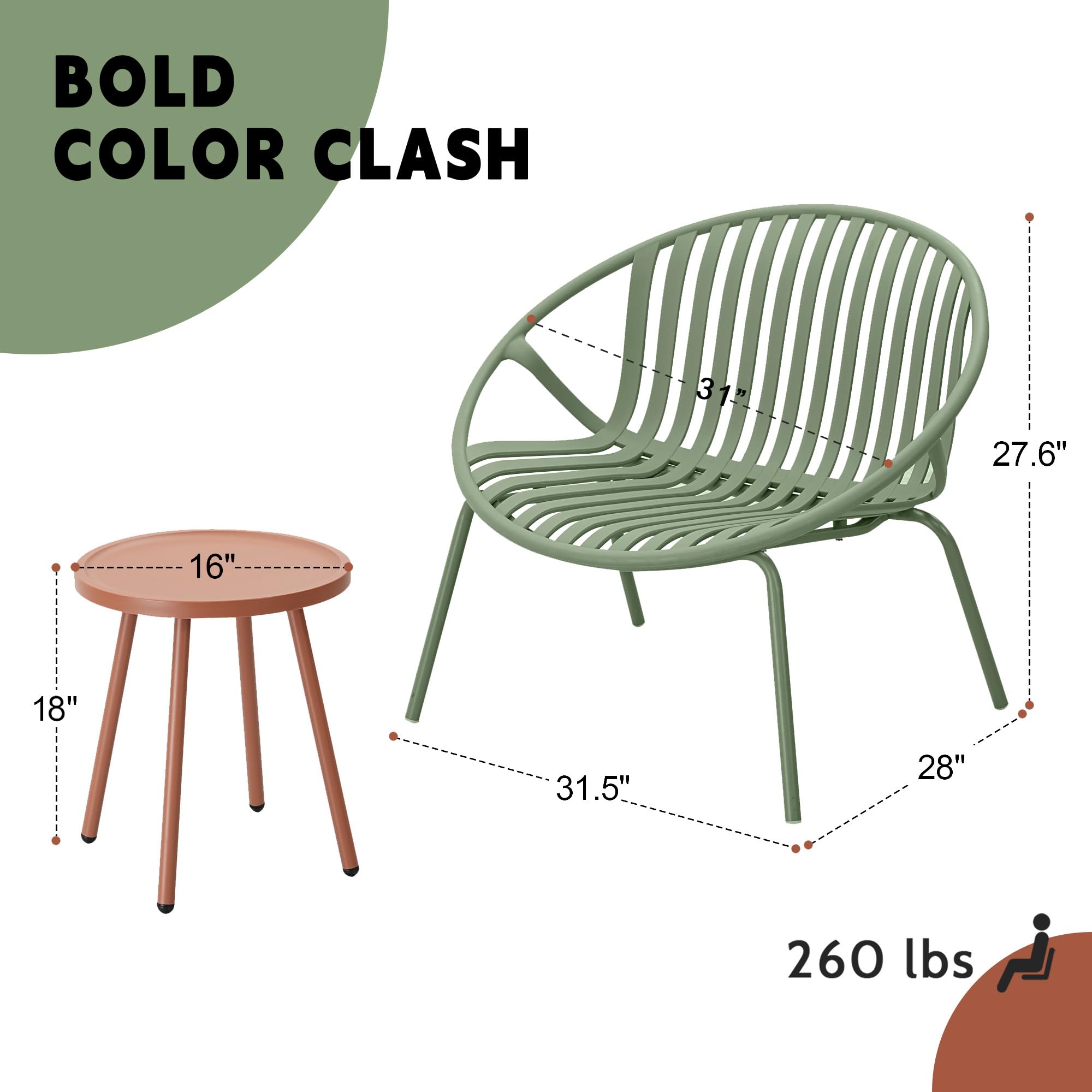 3-Piece Patio Bistro Set with Orange Table and Green Chairs