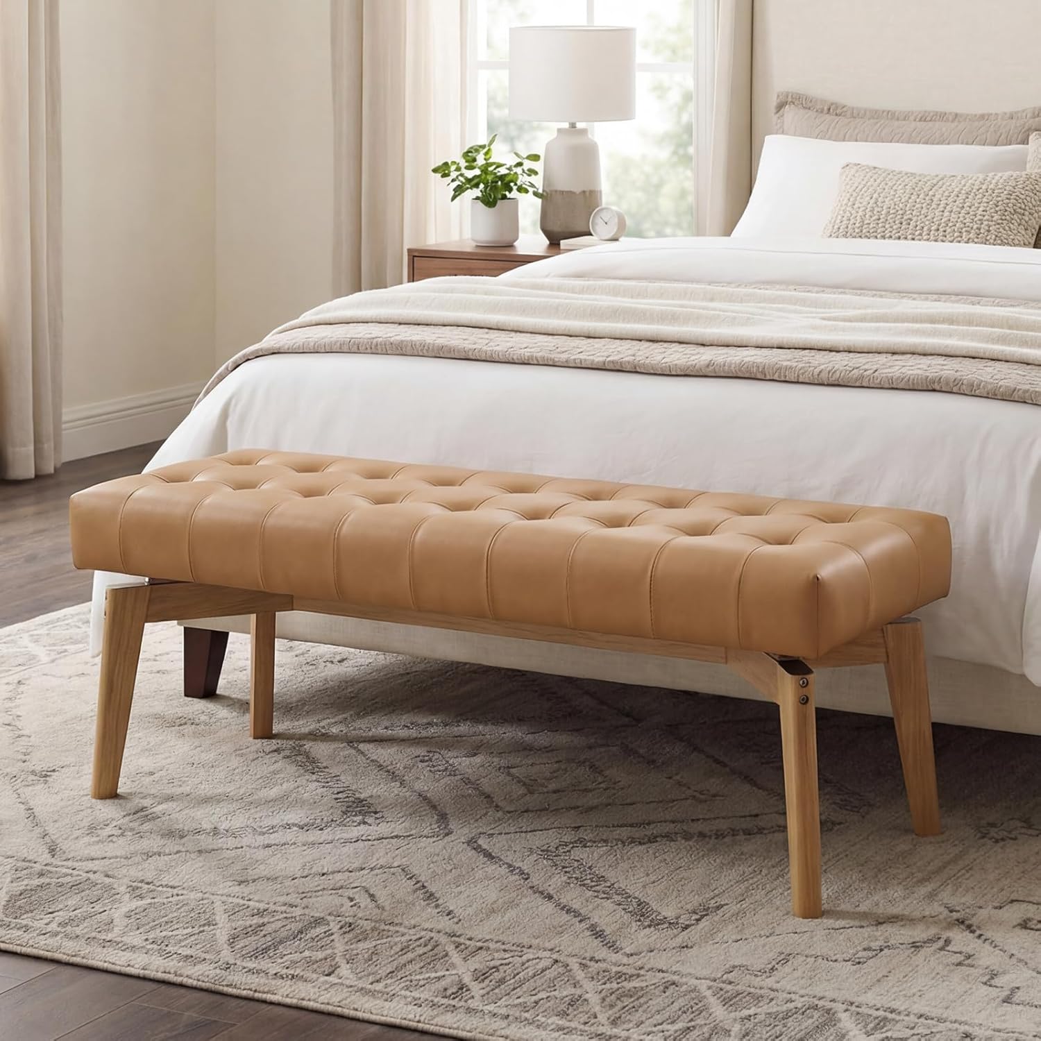 Tufted Linen Upholstered Bench 45.5"
