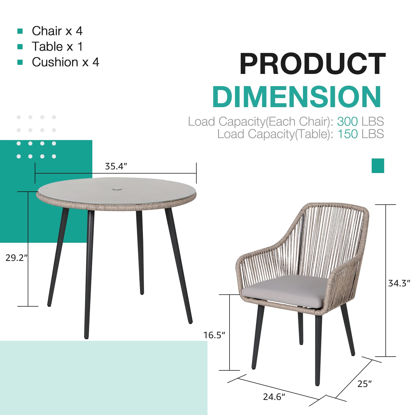 5-Piece Patio Dining Set with Umbrella Hole and Cushioned Chairs