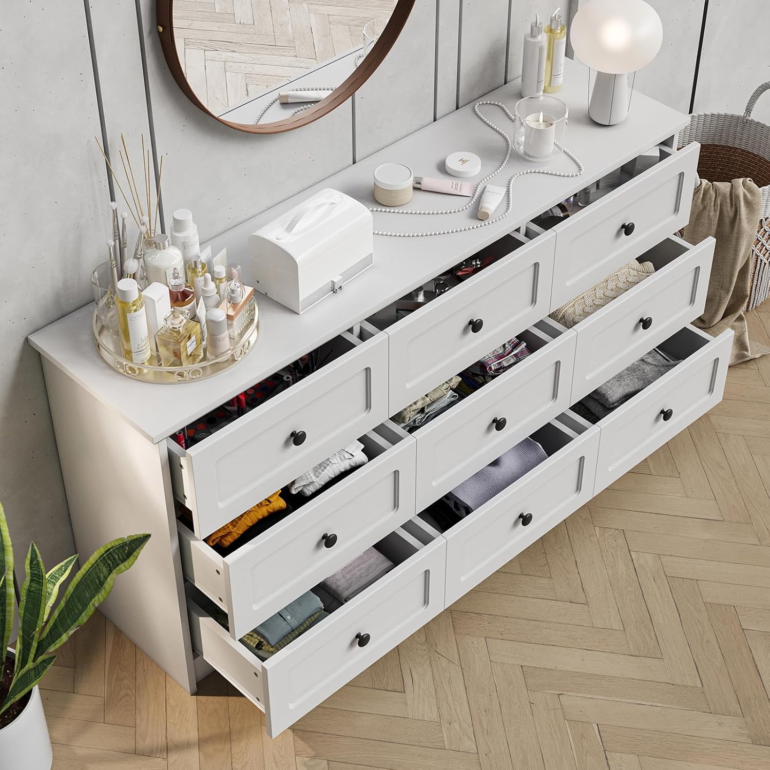 63 Inch 9 Drawer Tall Dresser White