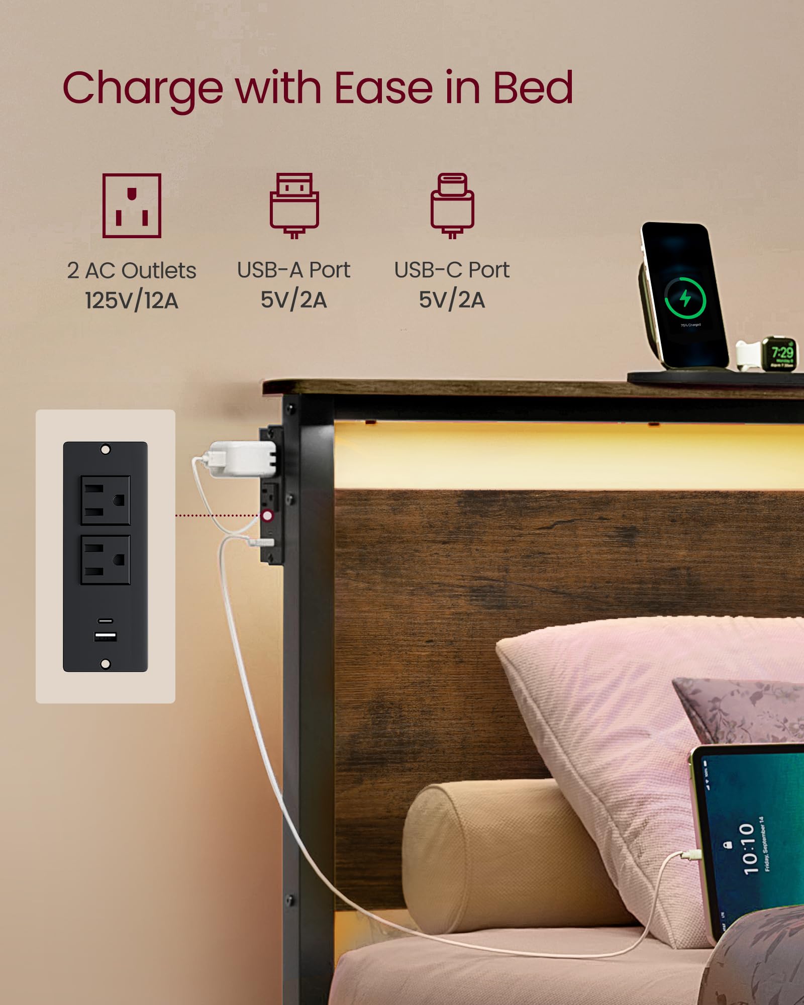 Twin Metal Bed Frame with LED Lights and Storage