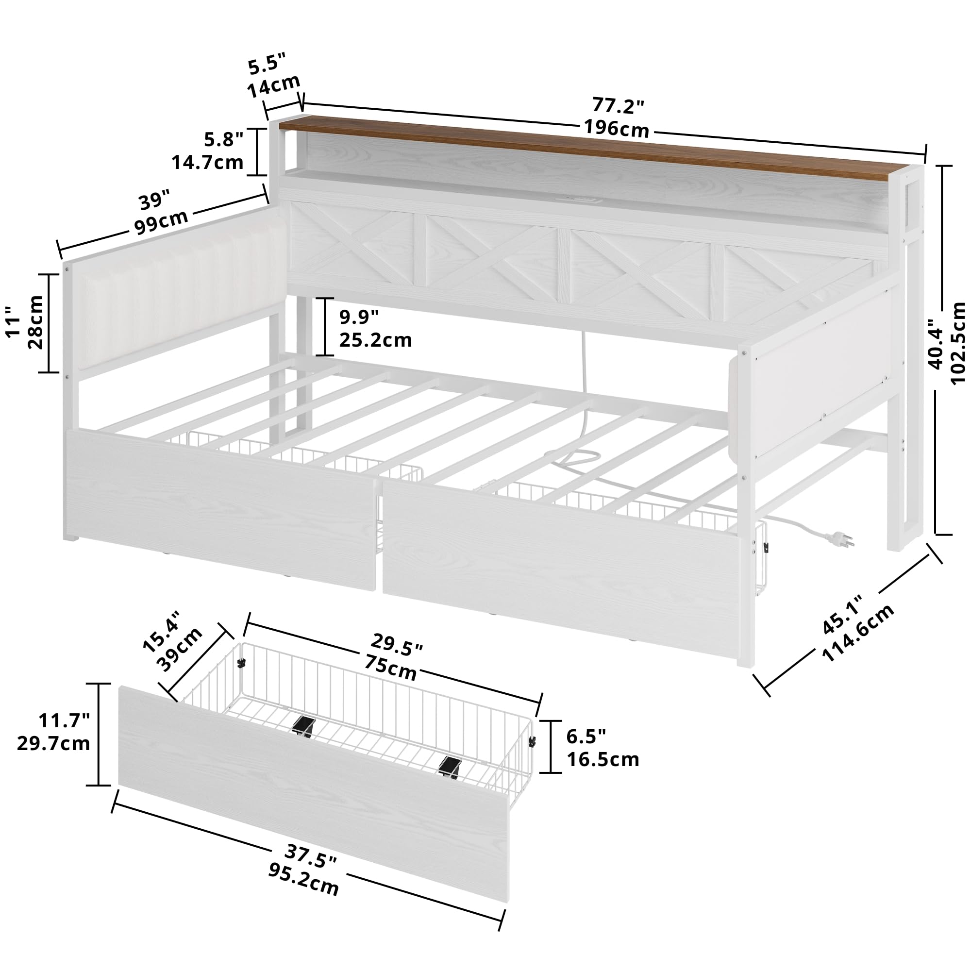 Twin Size Daybed with Storage Drawers and Charging Station