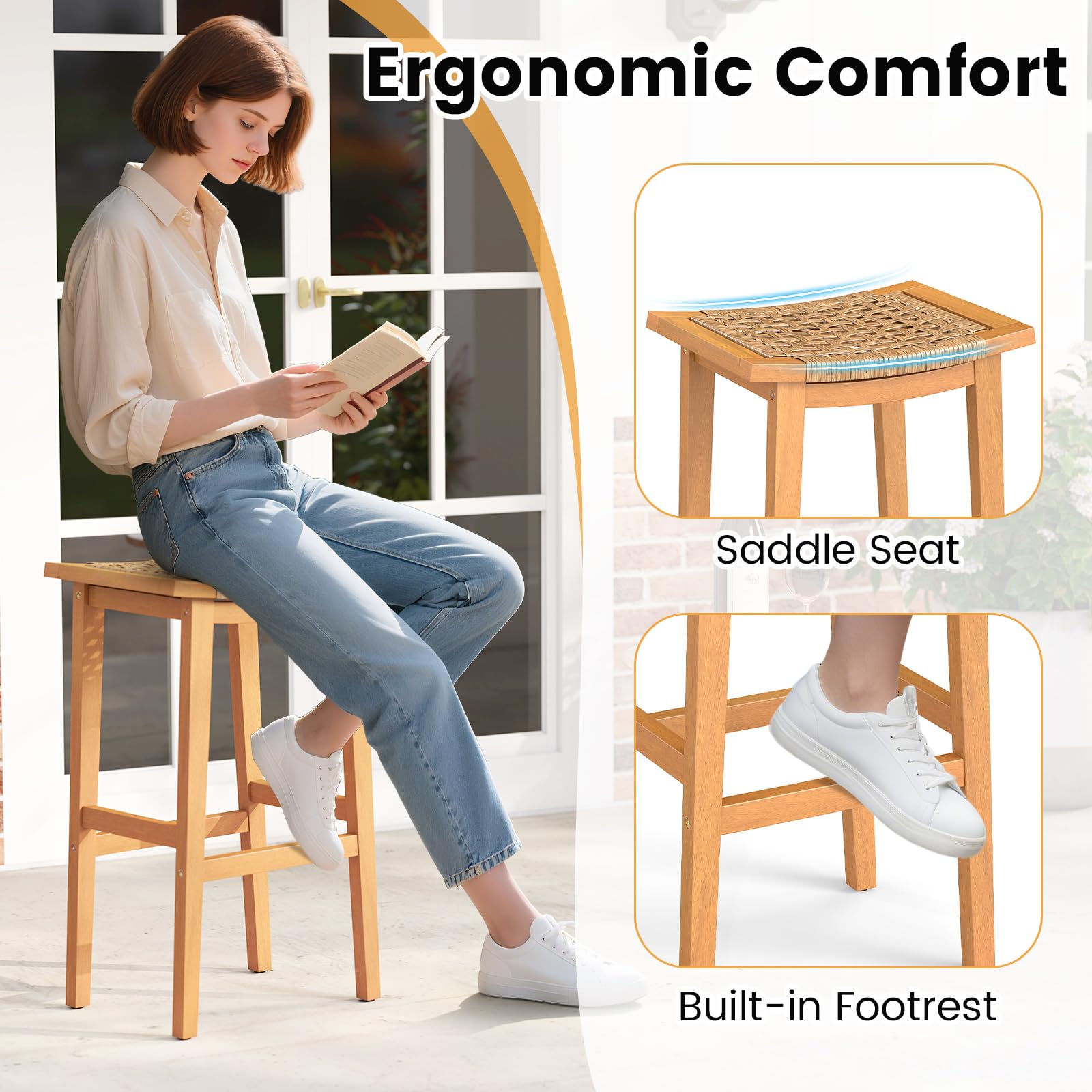 Outdoor Wooden Bar Stools Set of 2, 29" Backless with PE Rattan Saddle Seat