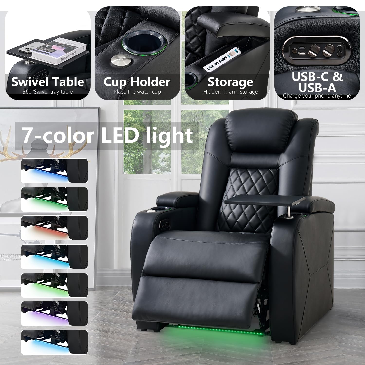 Power Reclining Home Theater Chair with LED Lighting