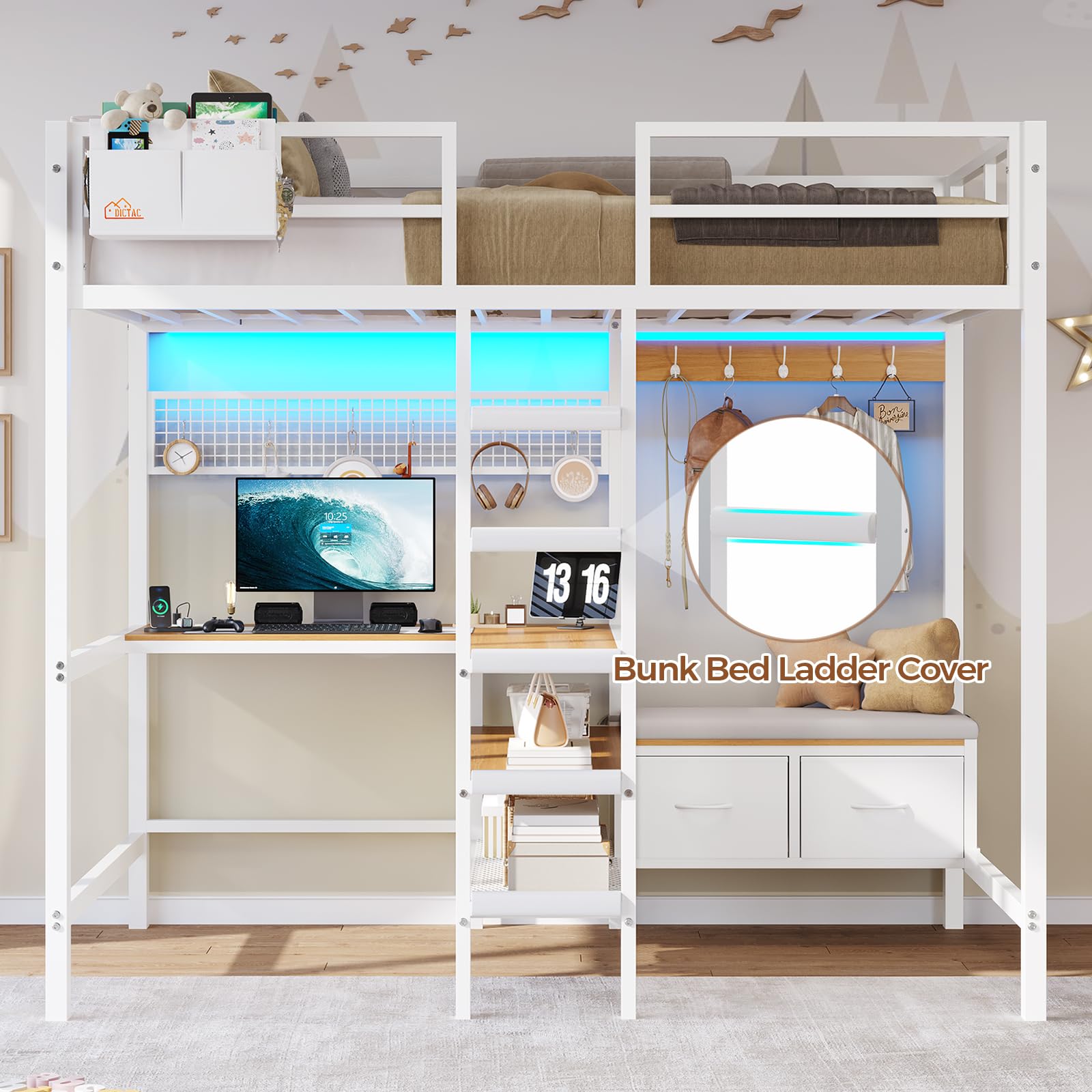 Twin Loft Bed with L-Shaped Desk and LED Lights