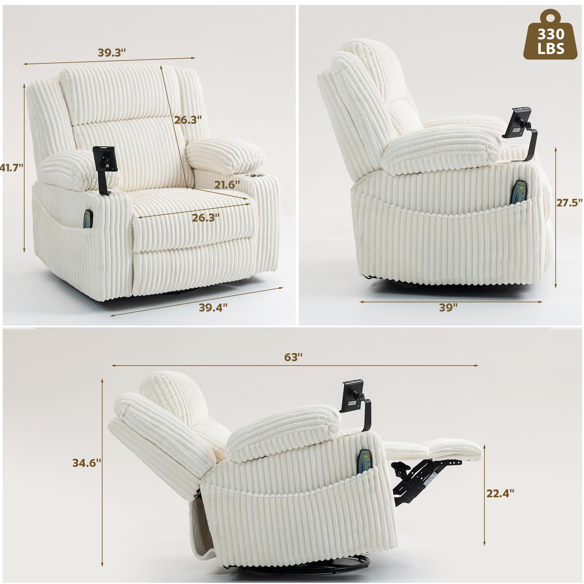 Power Swivel Rocker Recliner with Dual Motor, Vibration, Heat & USB Ports