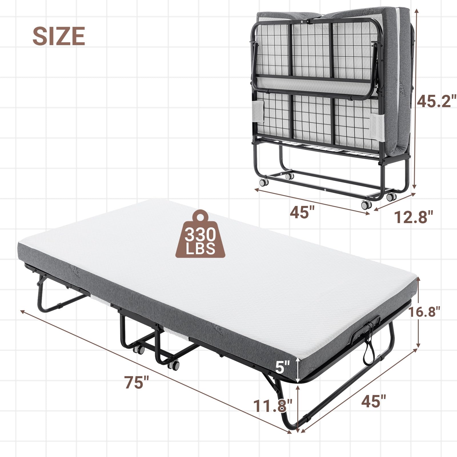 Foldable Rollaway Bed with Memory Foam 75x45