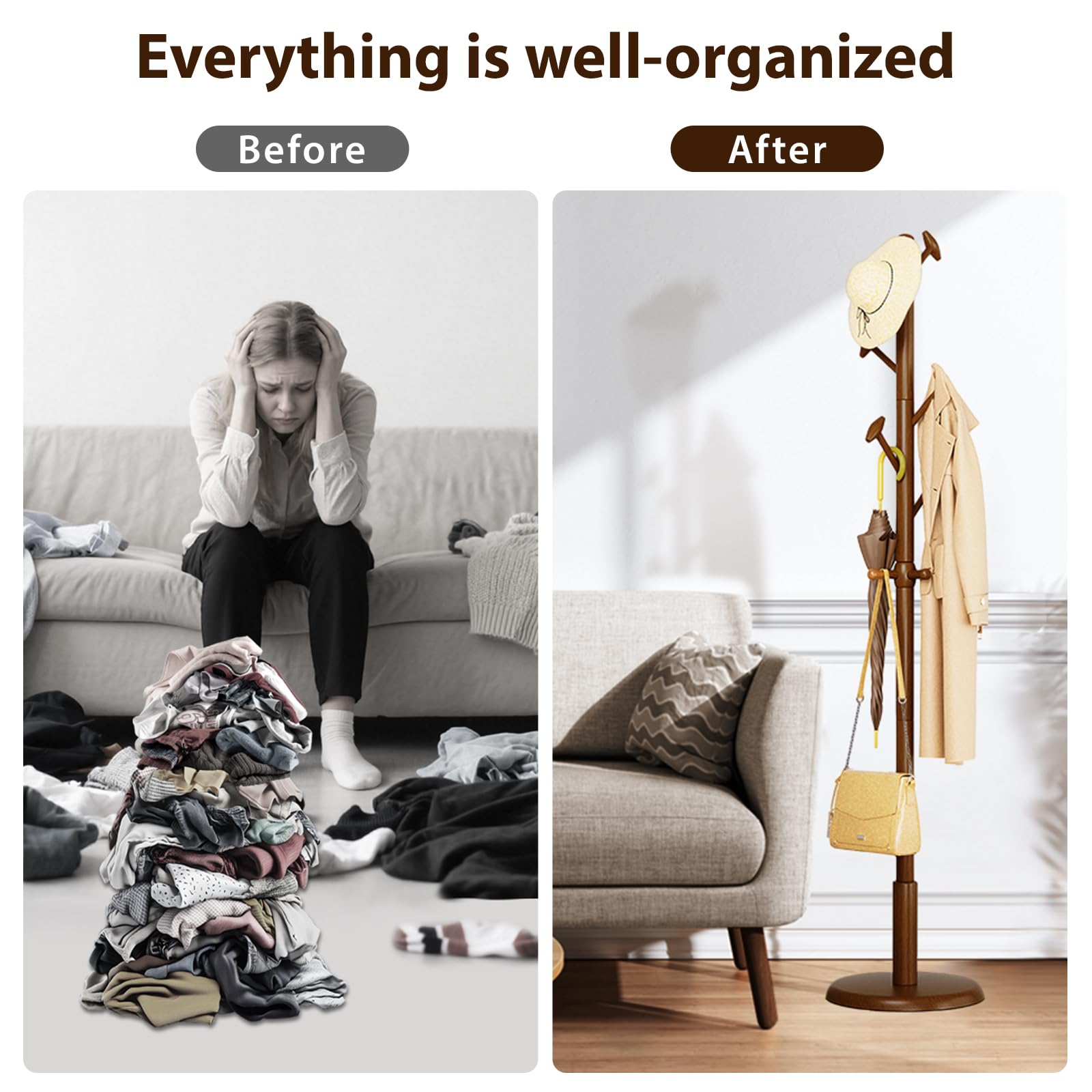 Solid Wood Freestanding Coat Rack with 10 Hooks