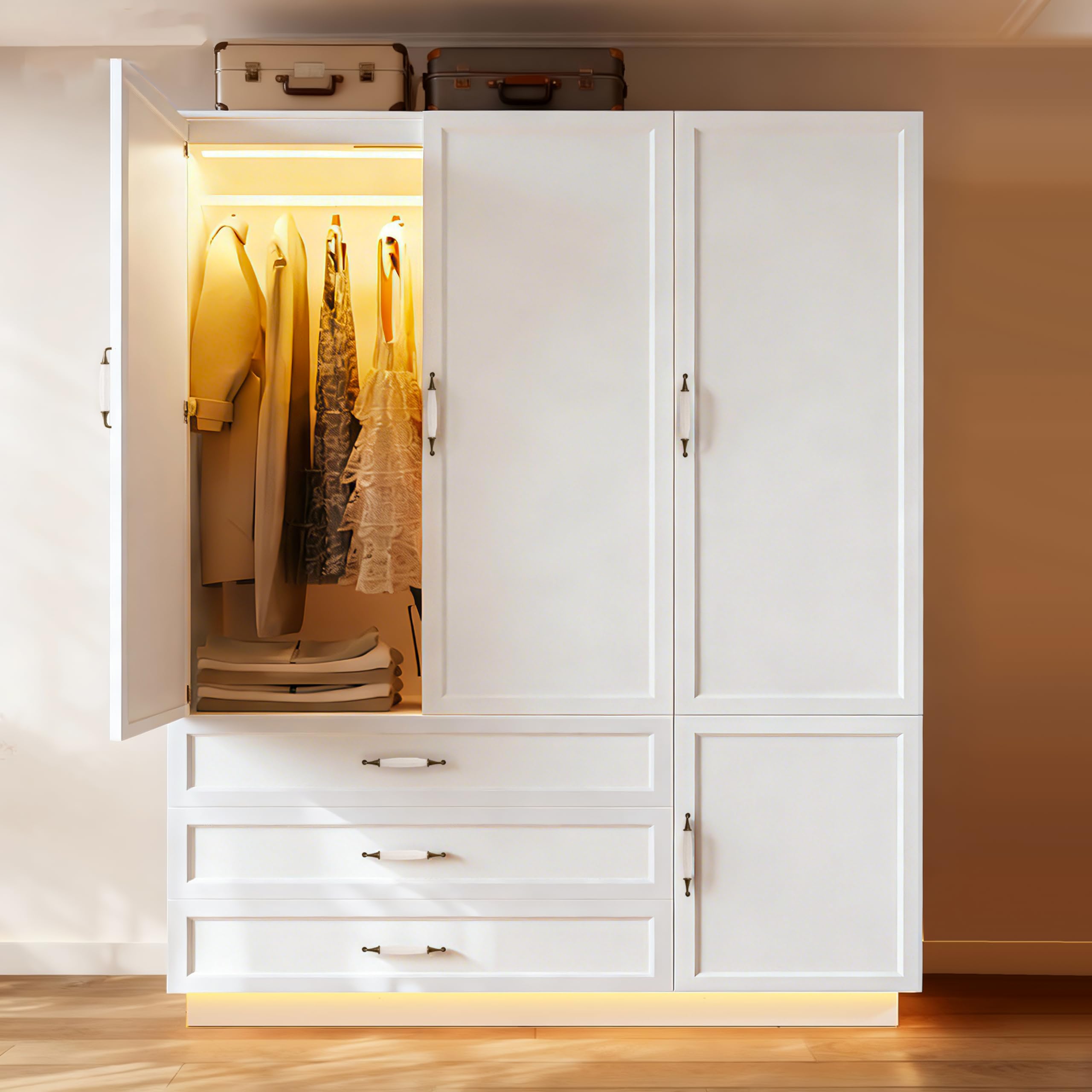72" Armoire Wardrobe Closet with 3 Drawers and LED Light