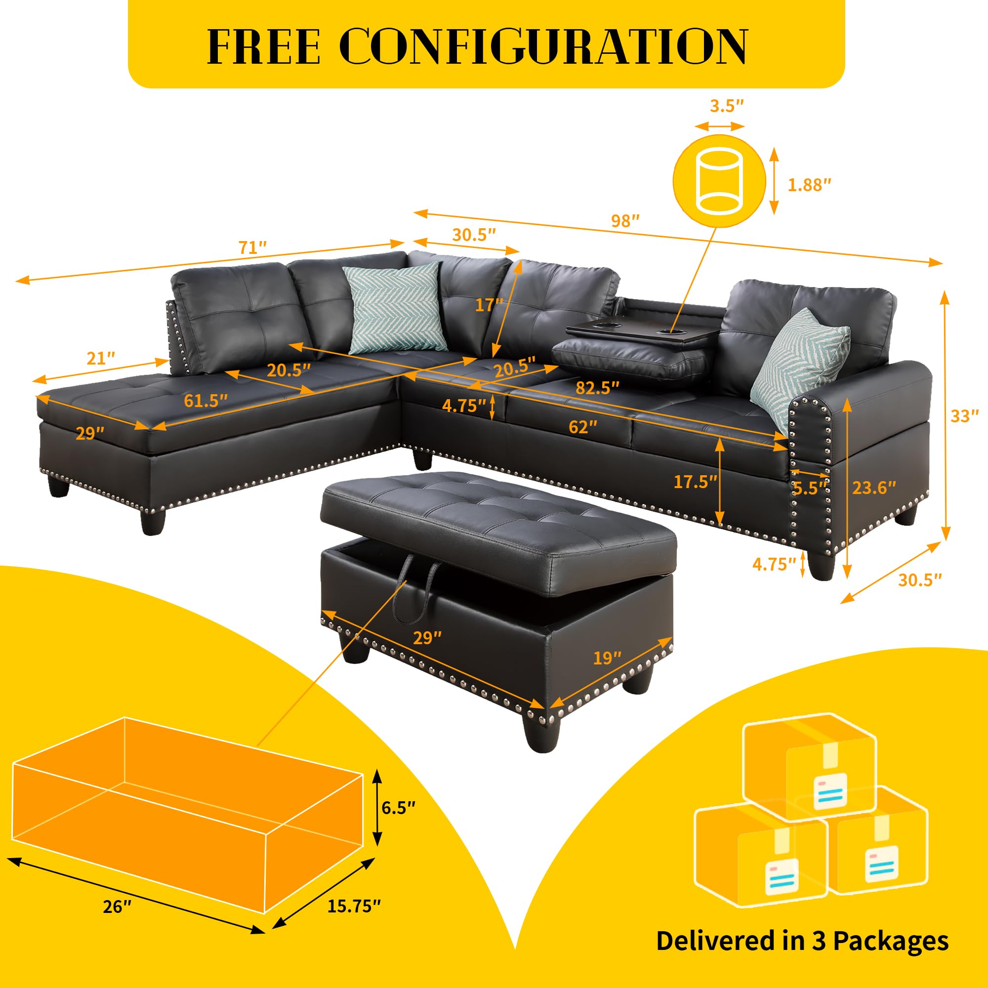 3-Piece Faux Leather Sectional Sofa with Storage Ottoman