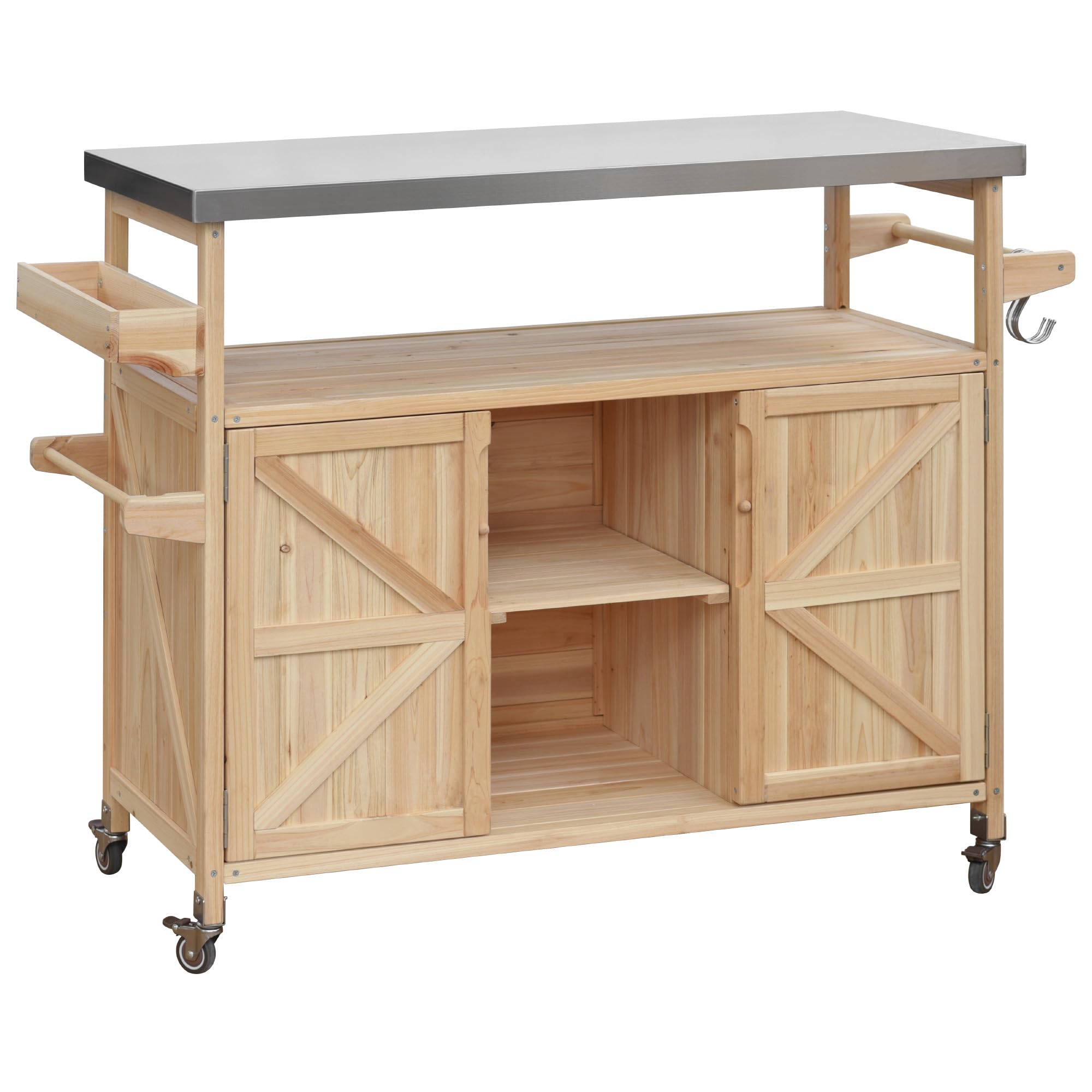 Outdoor Kitchen Island on Wheels with Stainless Steel Top & Storage Cabinet – Natural Fir Wood