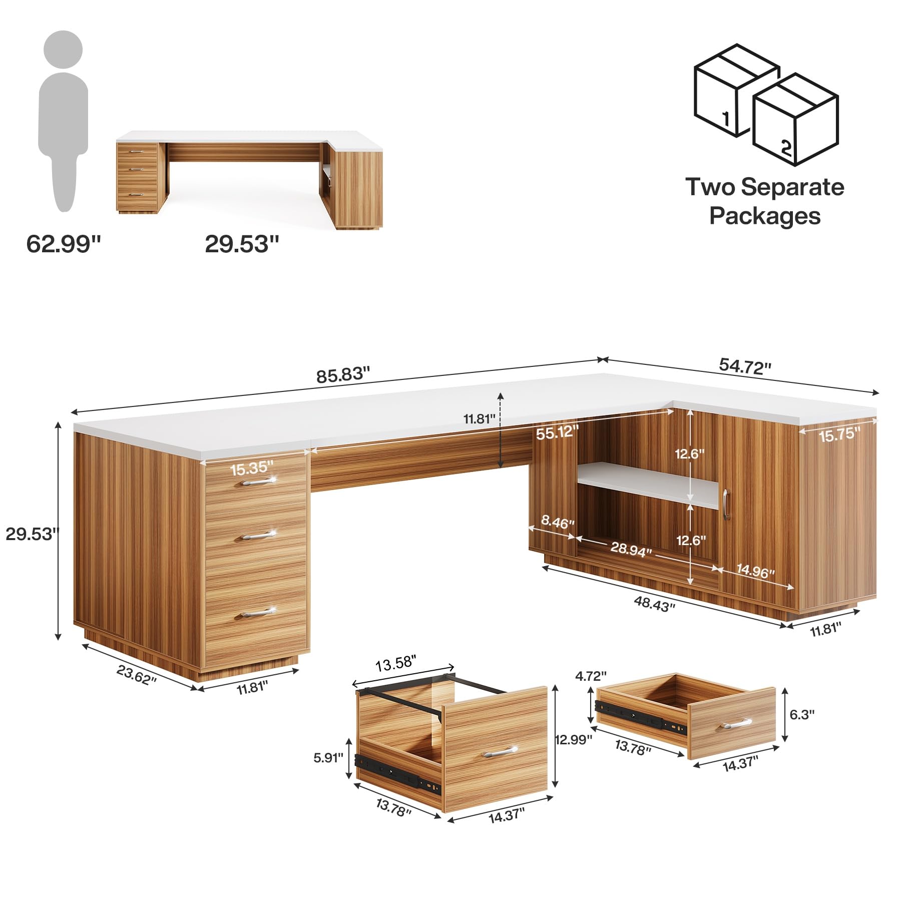 85.8-Inch L-Shaped Executive Desk with File Drawers and Cabinet
