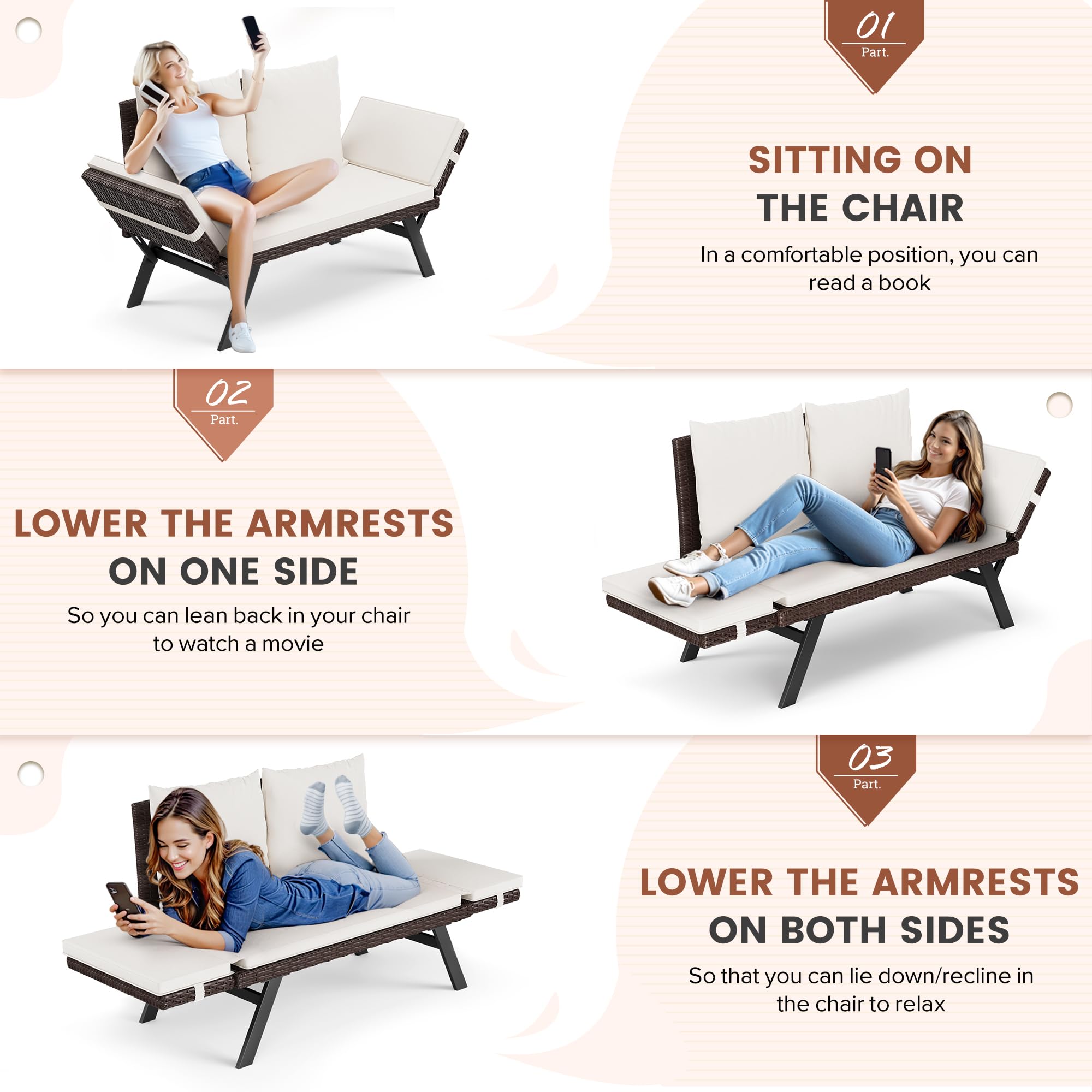 Outdoor Convertible Rattan Sofa Daybed