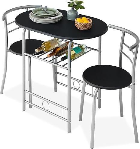 3-Piece Wooden Round Dining Table Set with Wine Rack