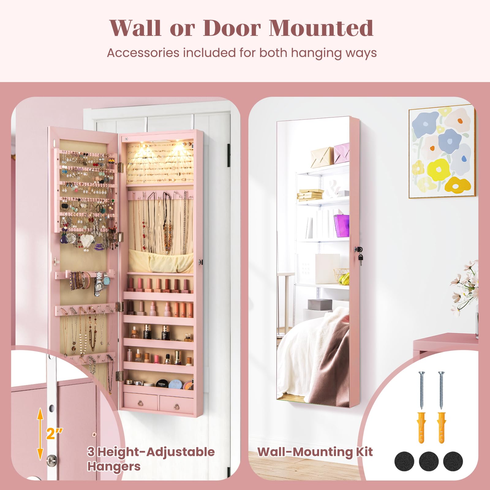 Wall-Mounted Jewelry Armoire with Full-Length Mirror and LED Lights