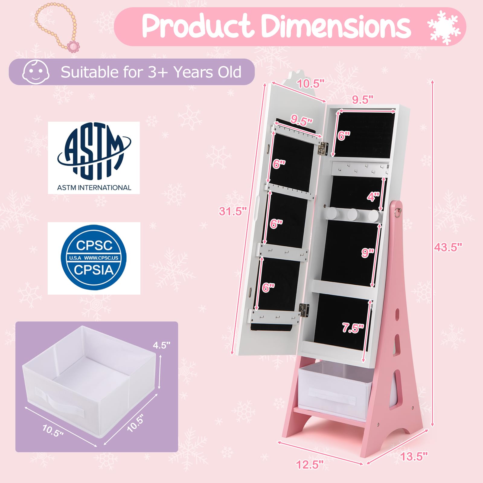 Kids Jewelry Armoire Cabinet with Full-Length Mirror