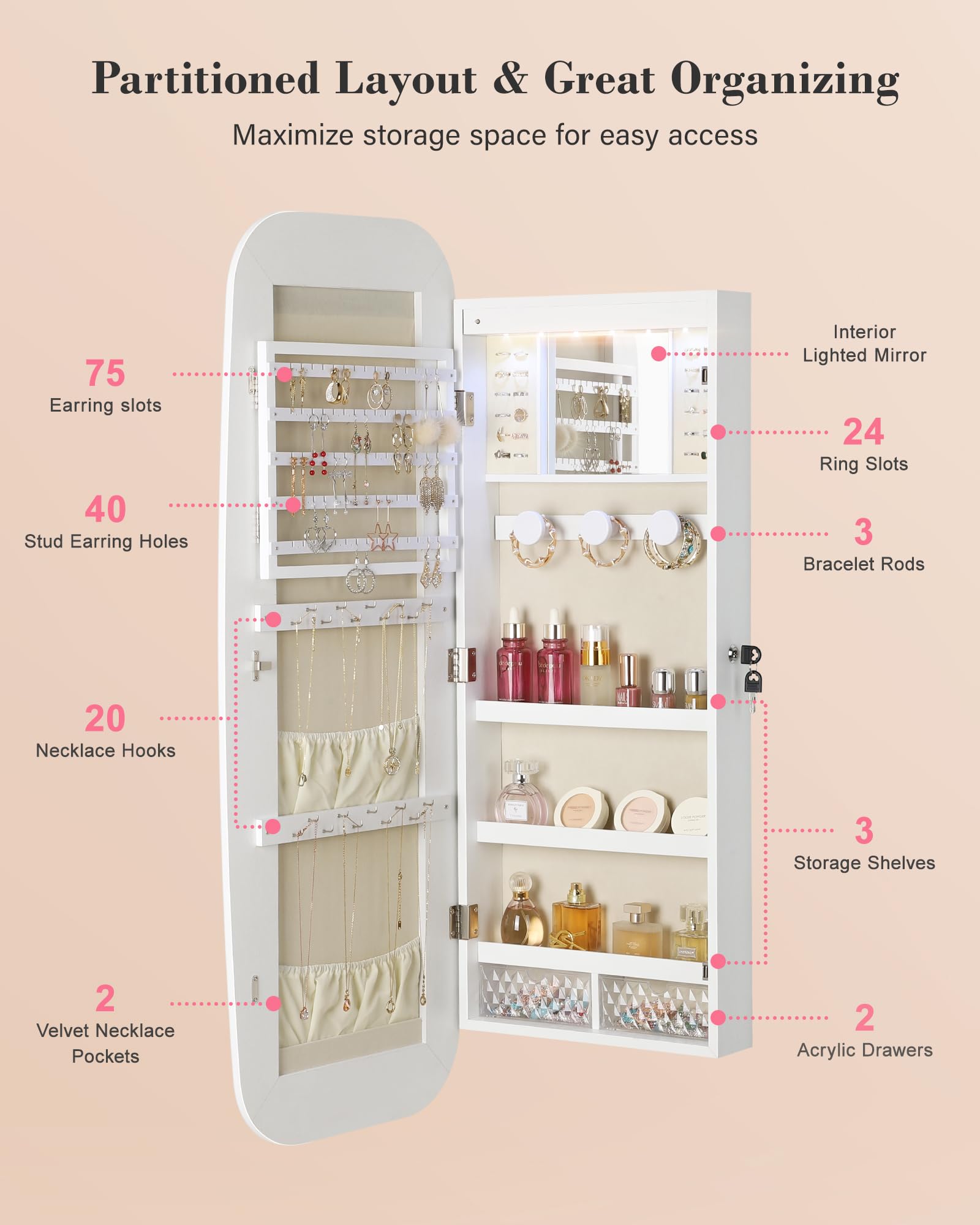 LED Mirror Jewelry Cabinet with Wall Mount and Storage Drawers