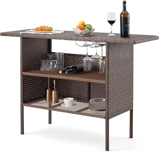 Outdoor Wicker Bar Table with Wine Glass Rack