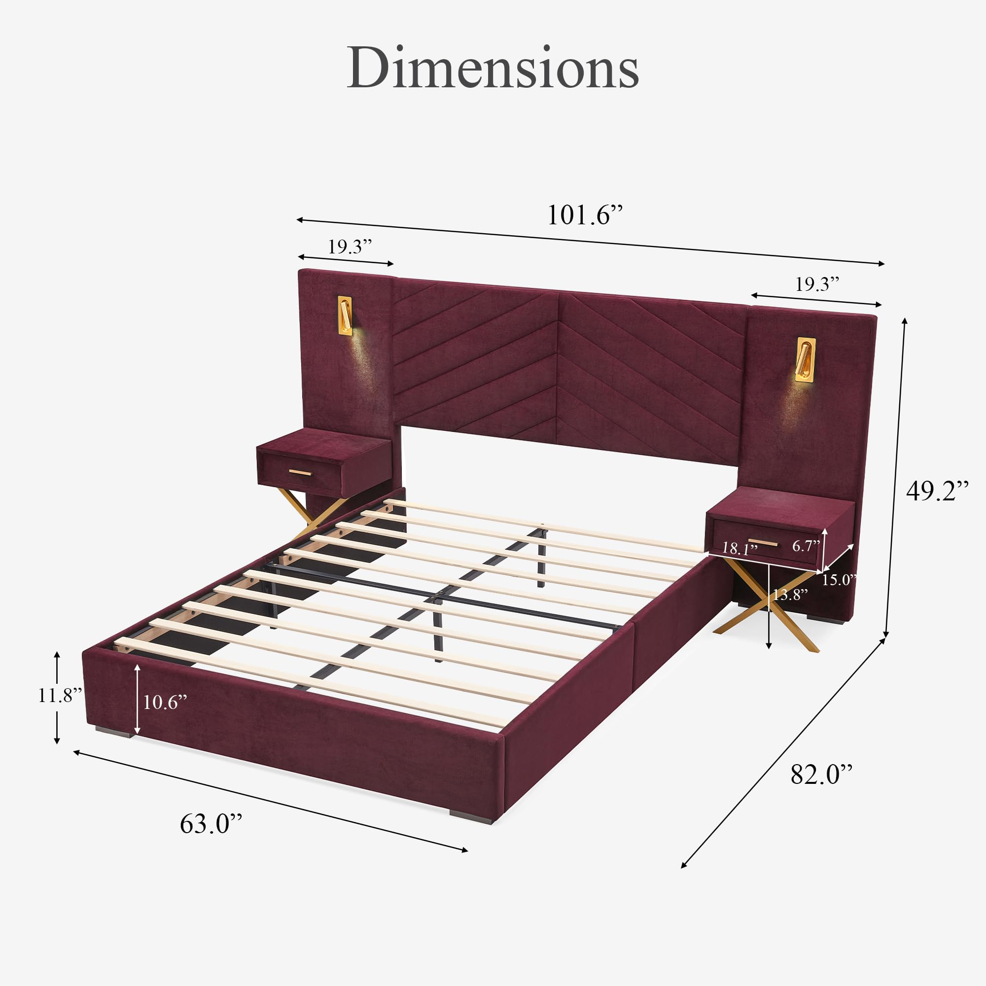 Queen Platform Bed with LED Lights and Nightstands