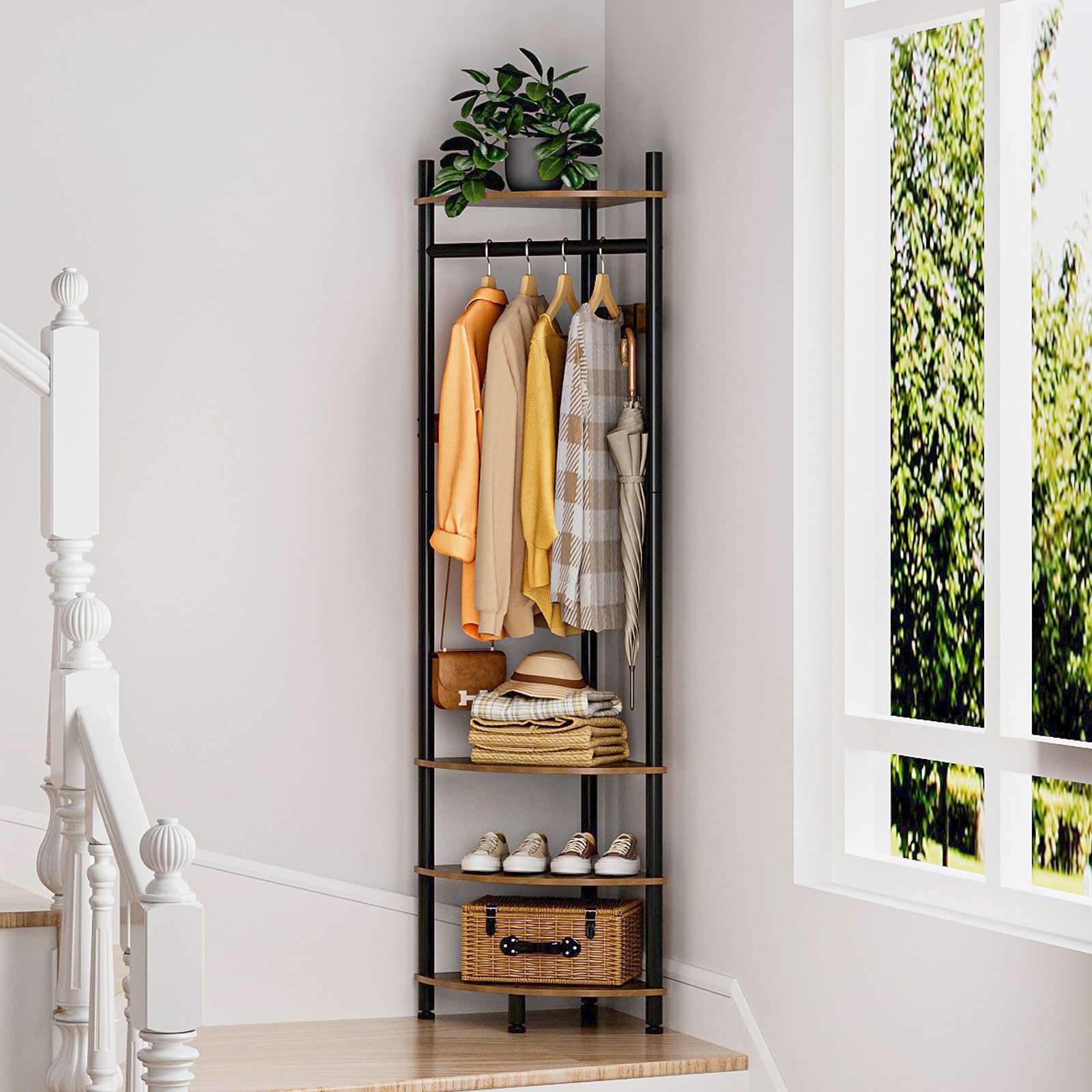 Corner Hall Tree with Shoe Rack and 6 Hooks