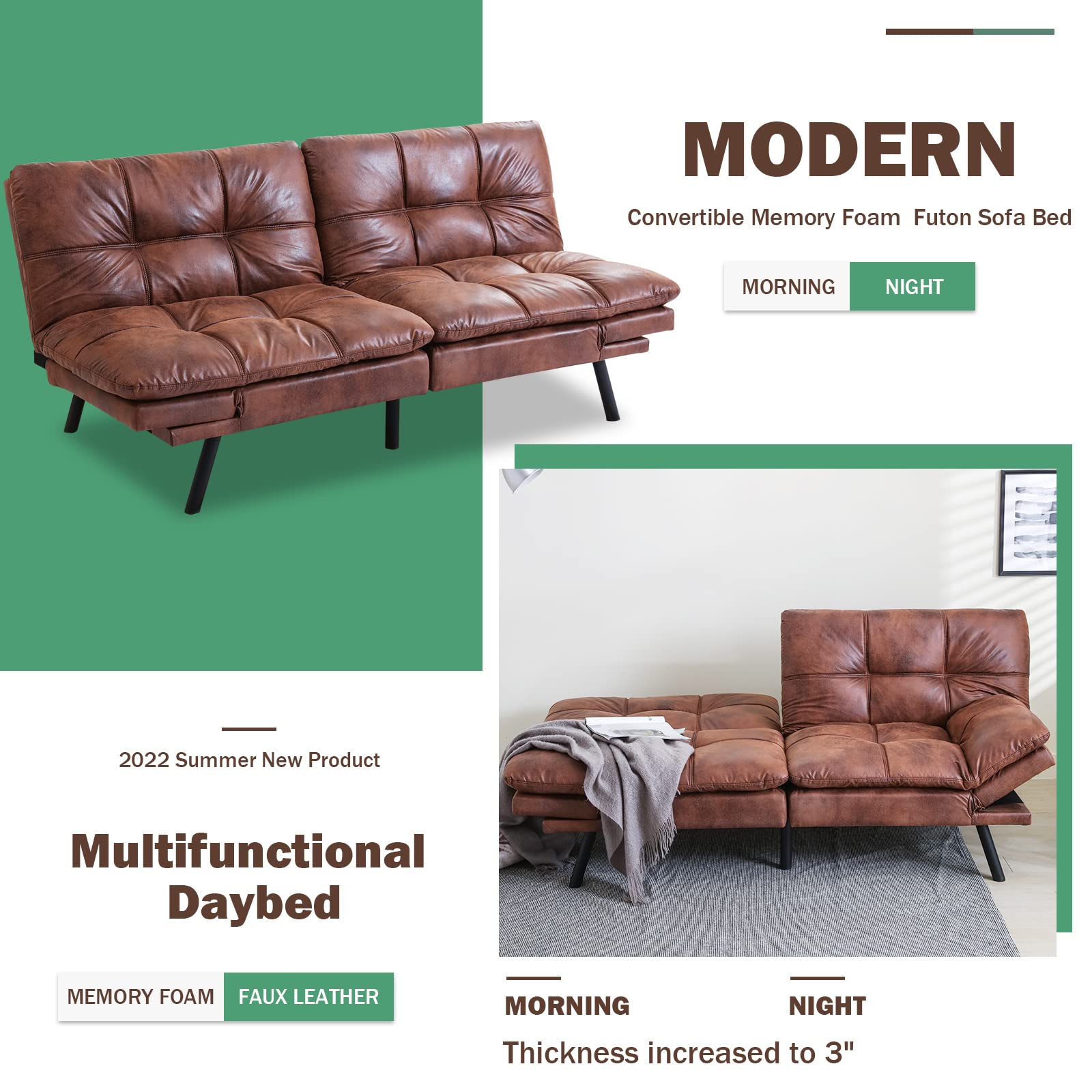 Convertible Futon Sofa Bed with Memory Foam