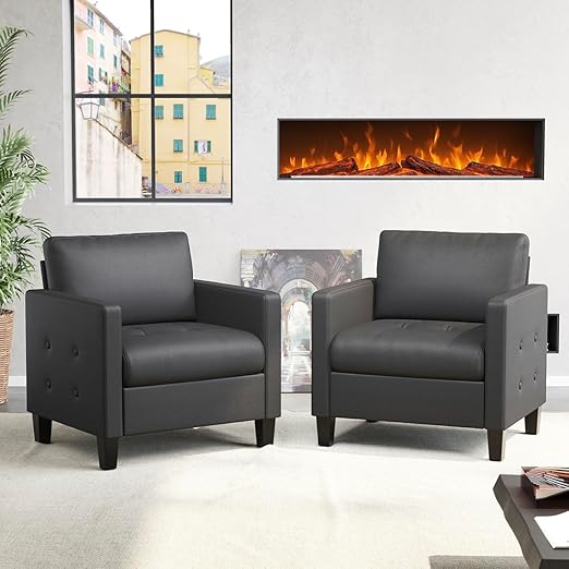 Black Faux Leather Accent Chair with Tufted Seat