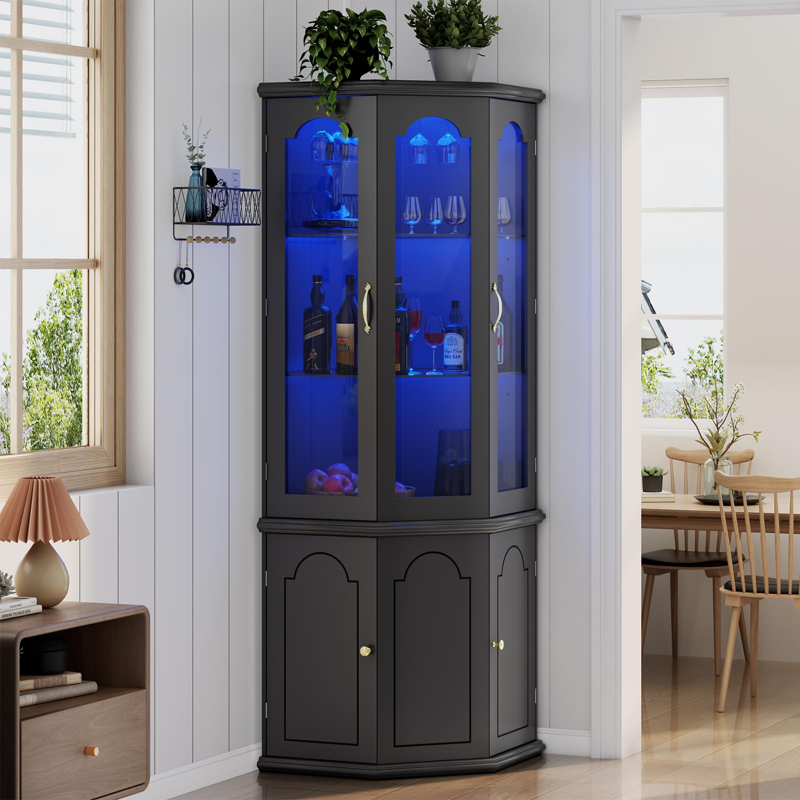 Corner Bar Cabinet with LED Lights and Tempered Glass Door
